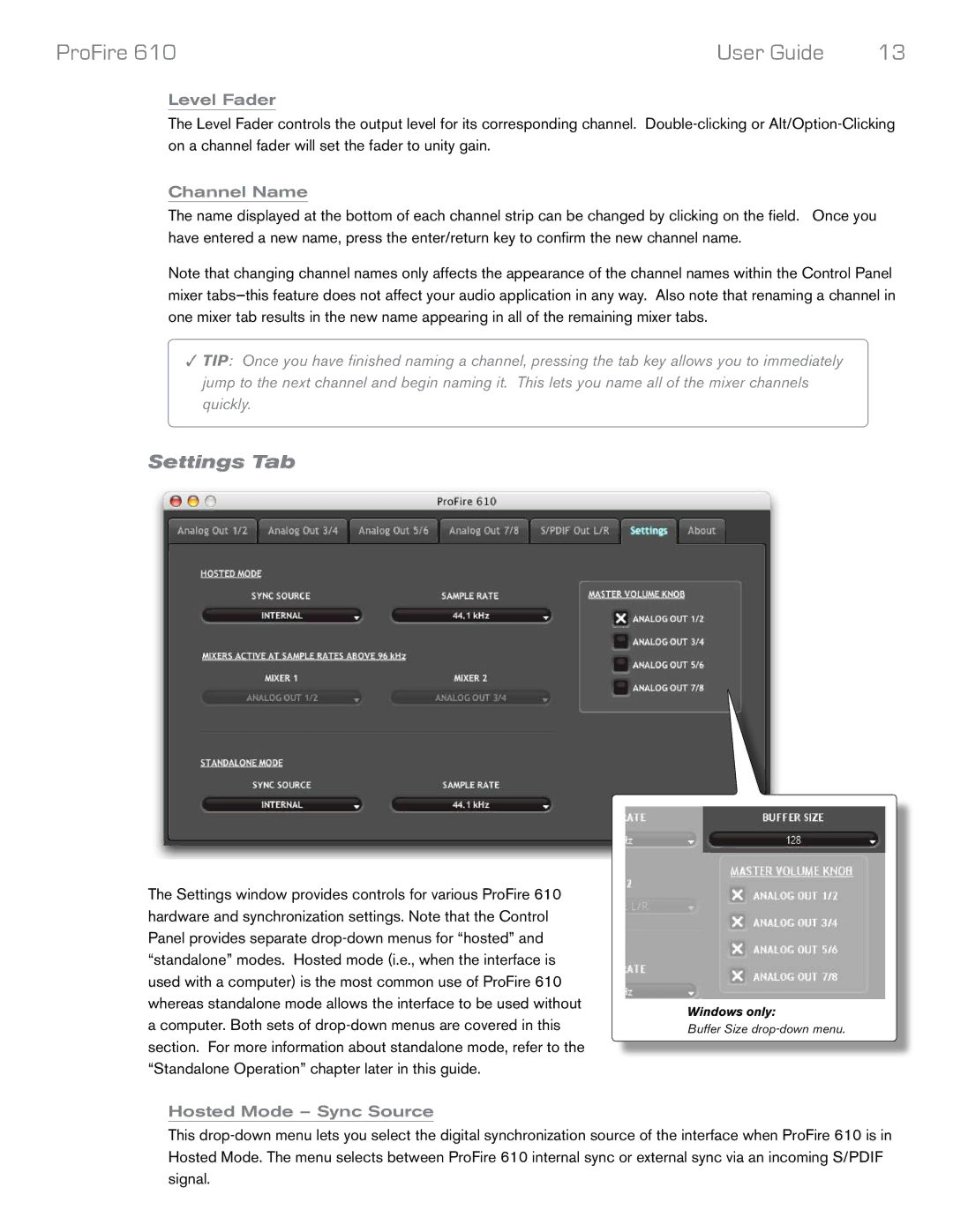 M-Audio Profire 610 manual Settings Tab, Level Fader, Channel Name, Hosted Mode Sync Source 