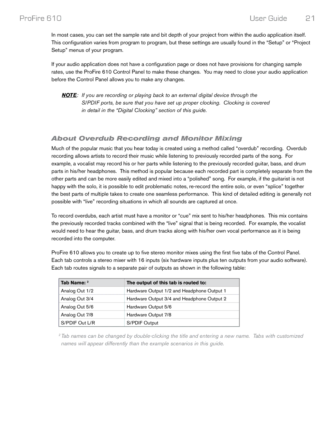 M-Audio Profire 610 manual About Overdub Recording and Monitor Mixing, Tab Name Output of this tab is routed to 