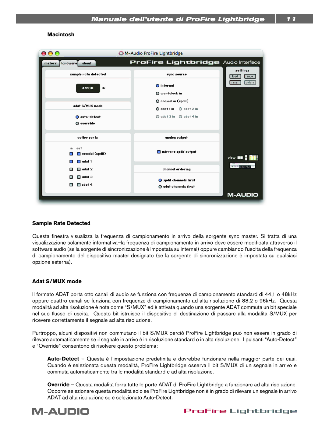 M-Audio ProFire Lightbridge manual Macintosh Sample Rate Detected, Adat S/MUX mode 