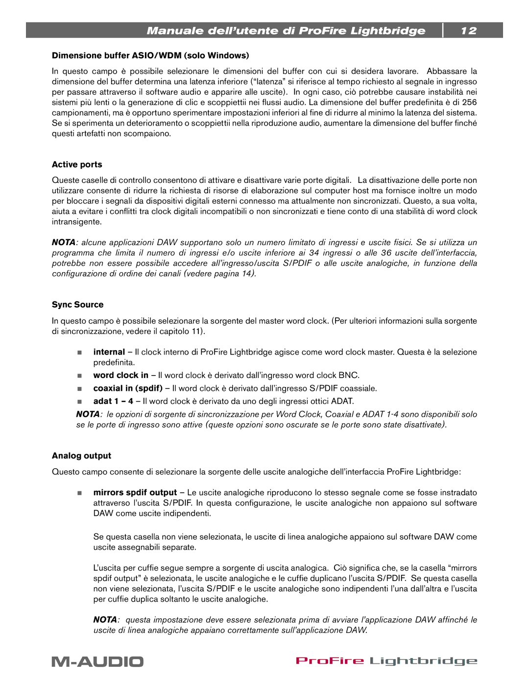 M-Audio ProFire Lightbridge manual Dimensione buffer ASIO/WDM solo Windows, Active ports, Sync Source, Analog output 