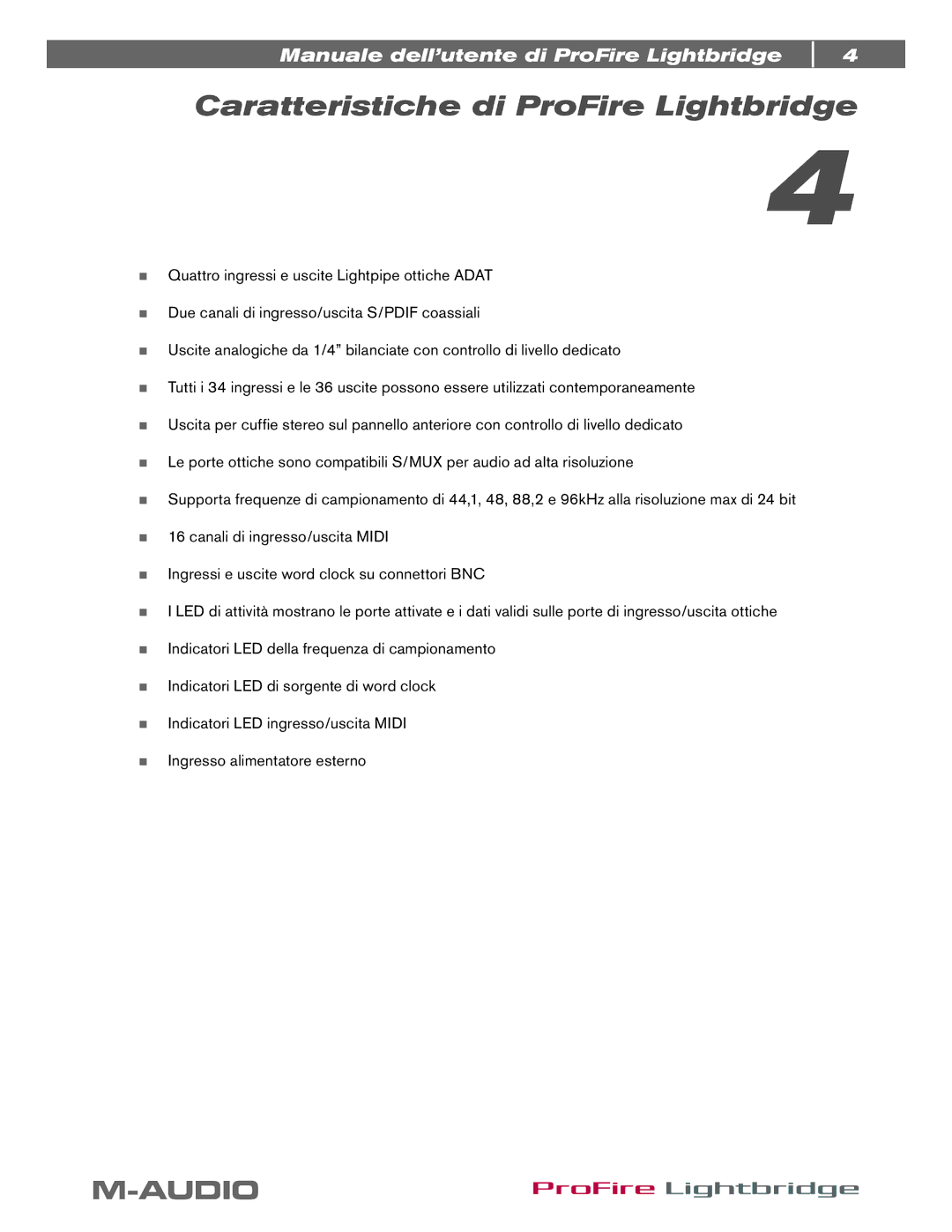 M-Audio manual Caratteristiche di ProFire Lightbridge 