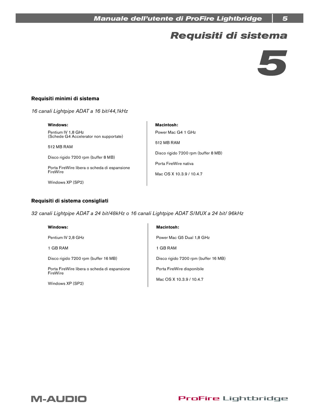 M-Audio ProFire Lightbridge manual Requisiti minimi di sistema, Requisiti di sistema consigliati 