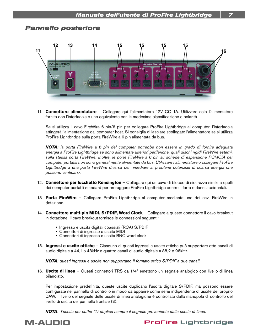 M-Audio ProFire Lightbridge manual Pannello posteriore 