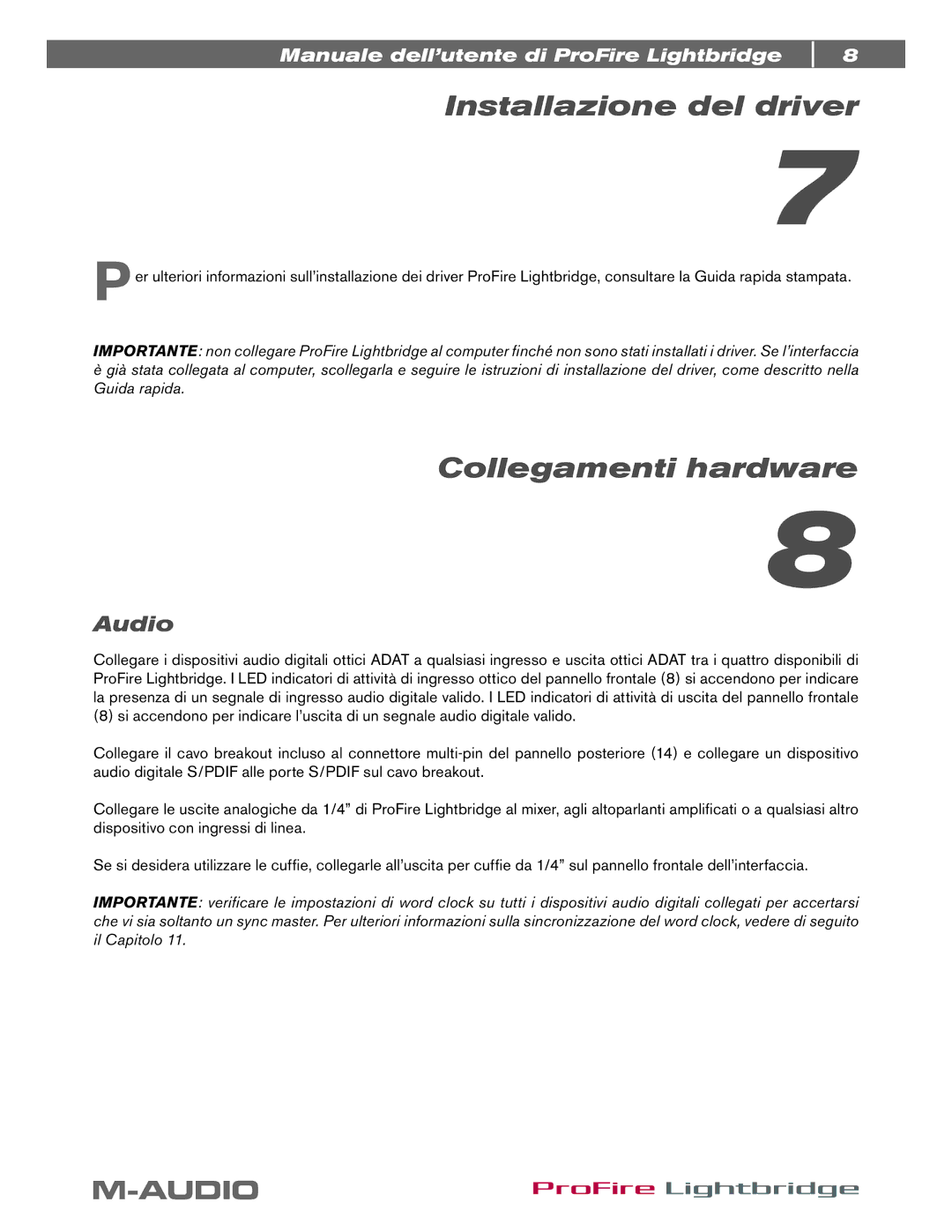 M-Audio ProFire Lightbridge manual Installazione del driver, Collegamenti hardware, Audio 