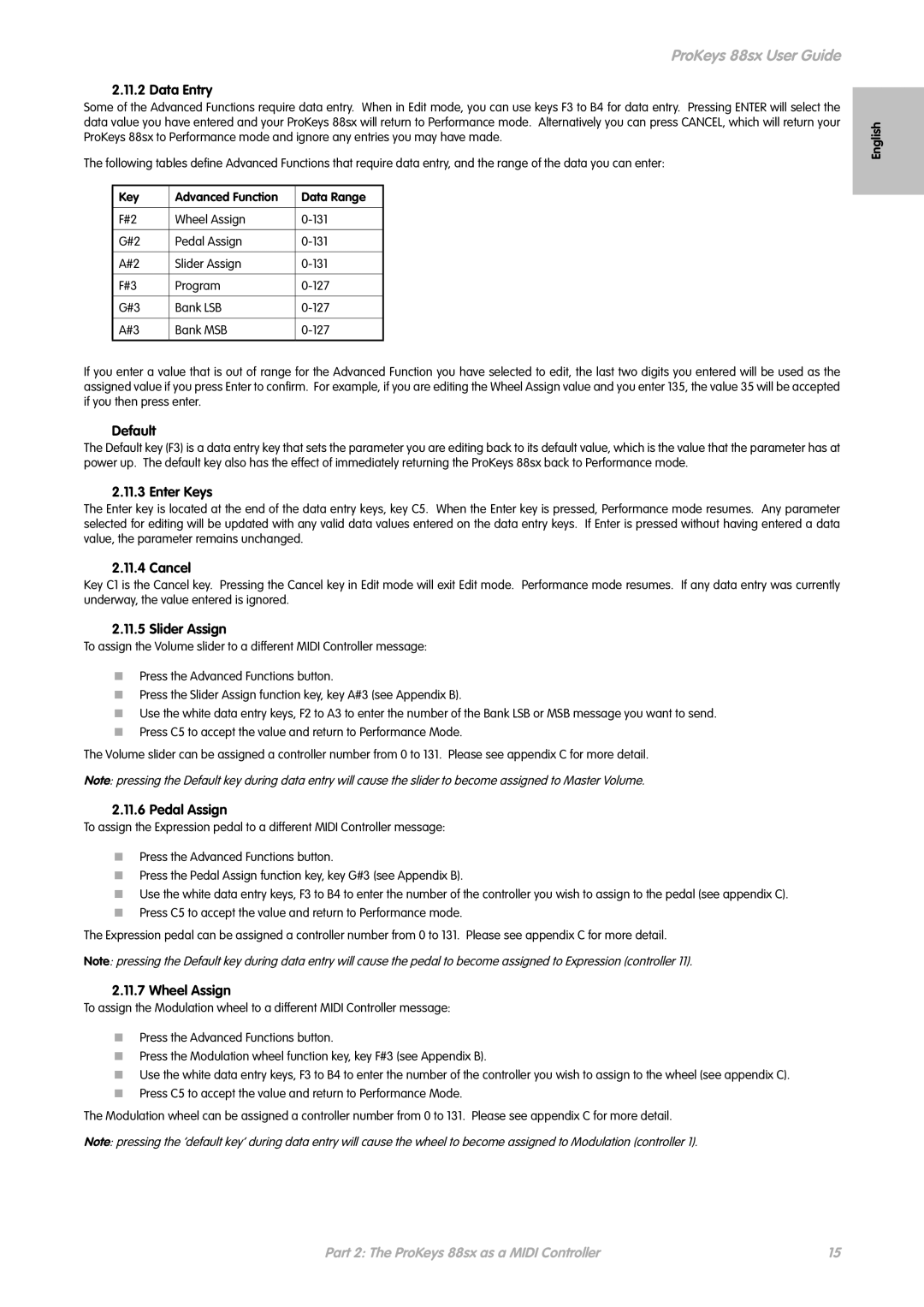 M-Audio ProKeys 88sx manual Data Entry, Default, Enter Keys, Cancel, Slider Assign, Pedal Assign, Wheel Assign 