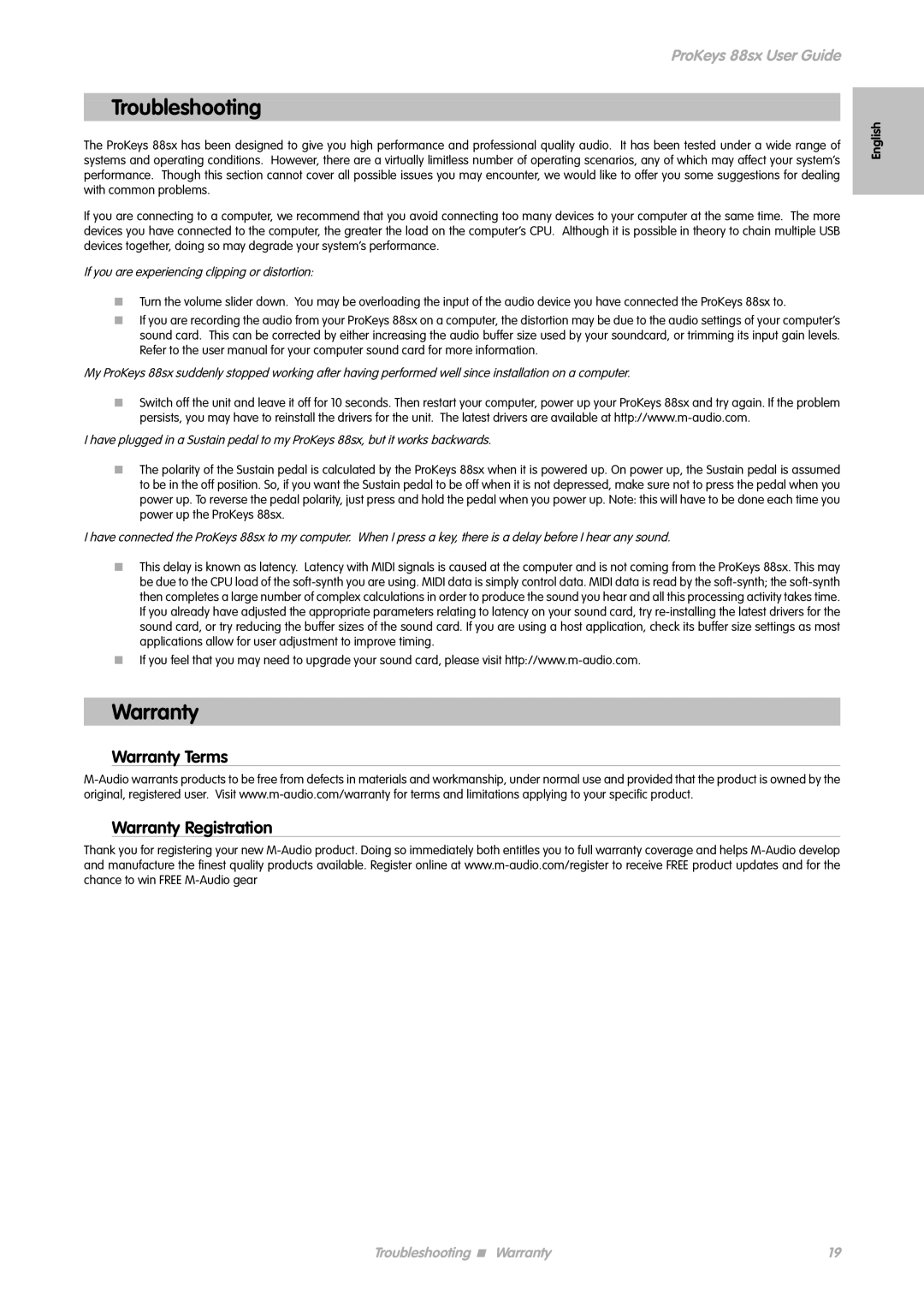 M-Audio ProKeys 88sx manual Troubleshooting, Warranty Terms Warranty Registration 