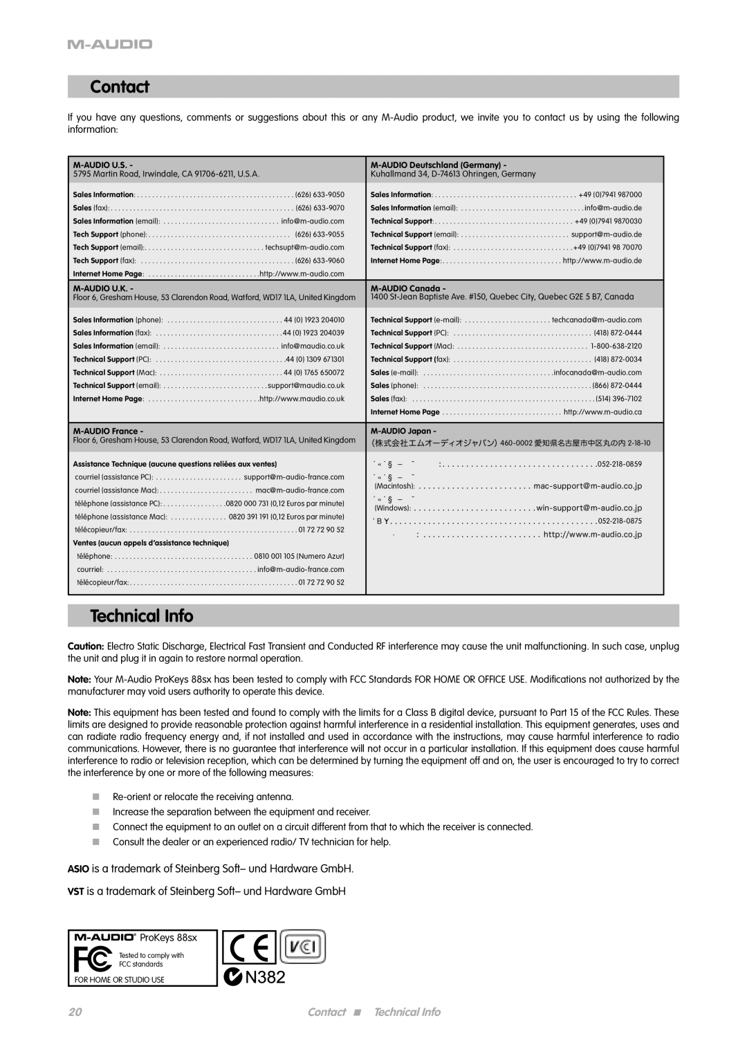 M-Audio ProKeys 88sx manual Contact, Technical Info 