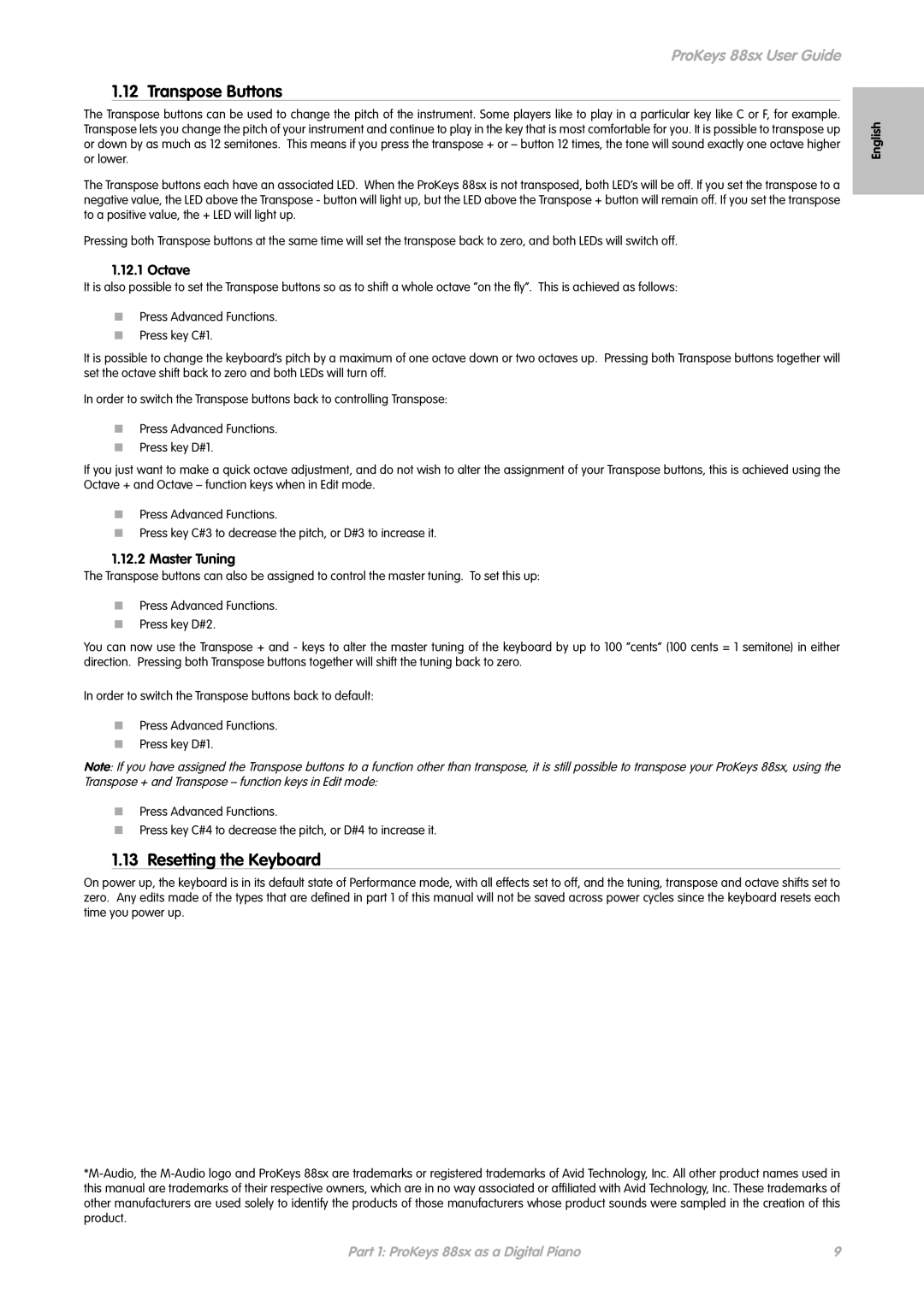 M-Audio ProKeys 88sx manual Transpose Buttons, Resetting the Keyboard, Octave, Master Tuning 