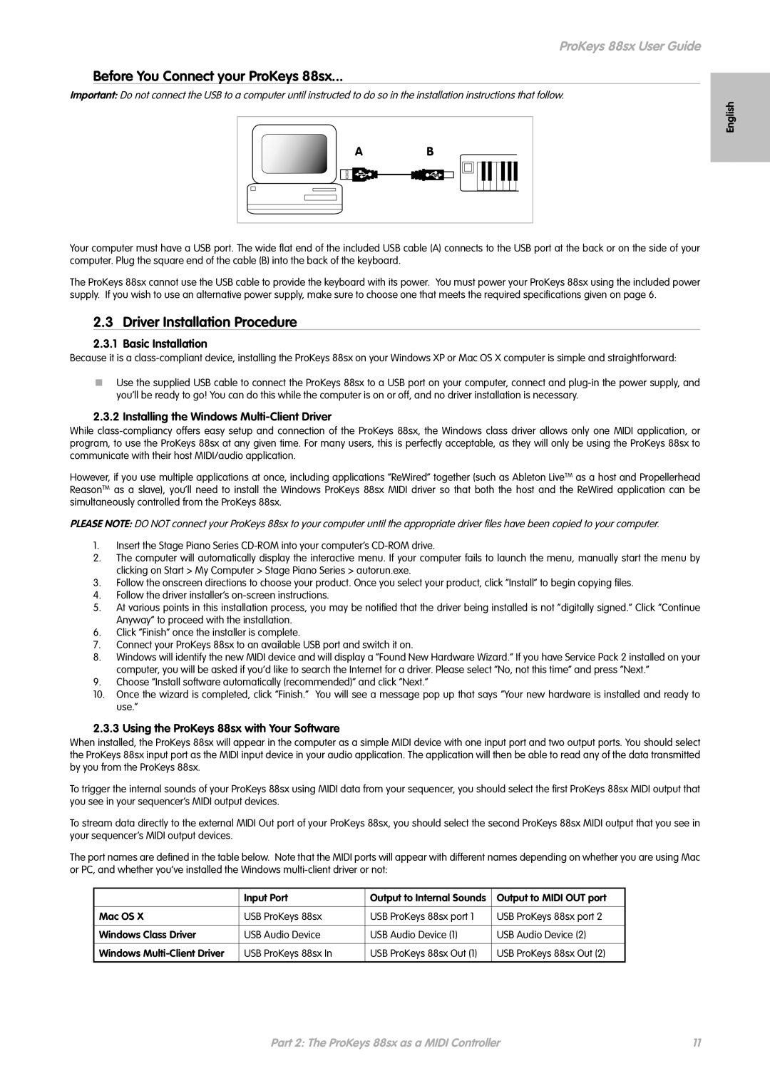 M-Audio manual Before You Connect your ProKeys 88sx, Driver Installation Procedure, Basic Installation 