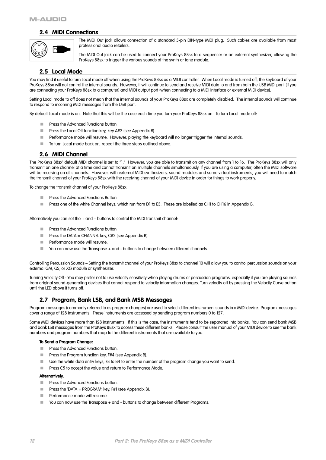 M-Audio ProKeys 88sx manual Midi Connections, Local Mode, Midi Channel, Program, Bank LSB, and Bank MSB Messages 
