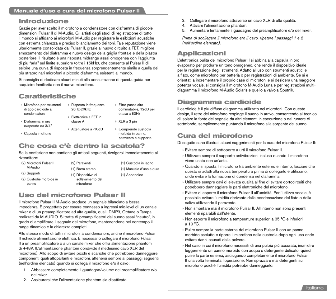 M-Audio Pulsar II manual Introduzione, Caratteristiche, Applicazioni, Diagramma cardioide, Uso del microfono Pulsar 