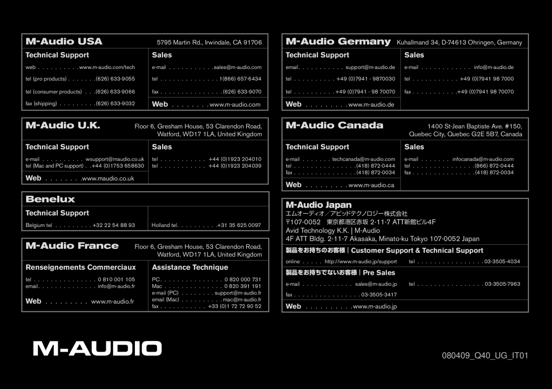M-Audio manual M-AudioUSA, M-AudioCanada, Benelux, M-AudioJapan, 080409 Q40 UG IT01 