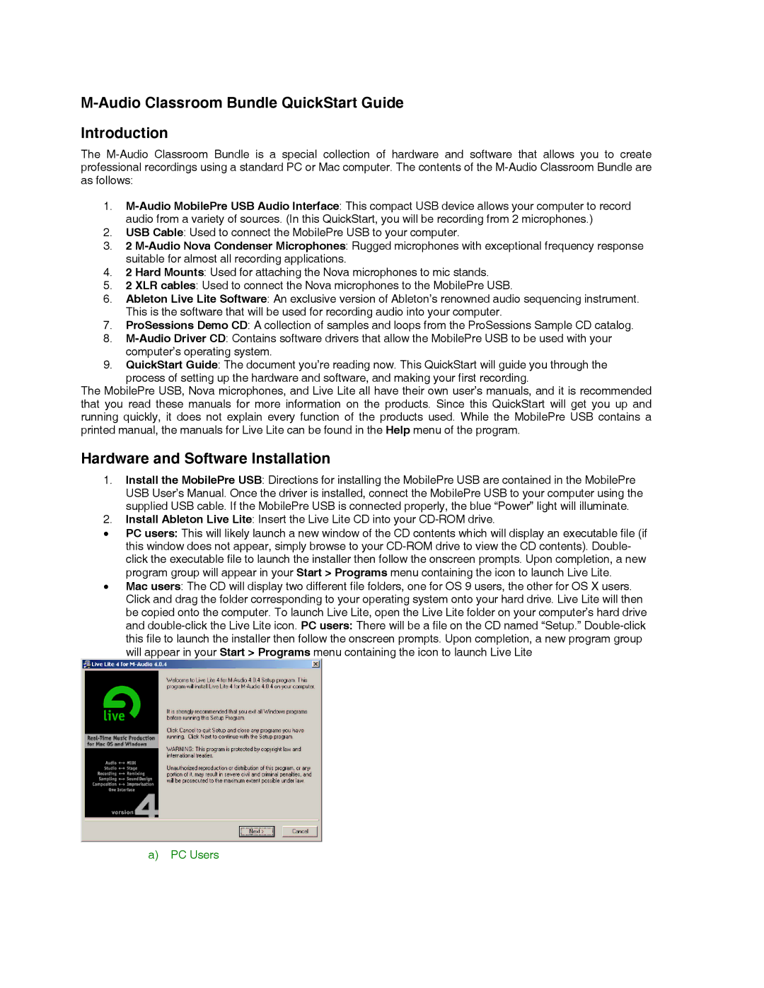 M-Audio Recording Equipment Audio Classroom Bundle QuickStart Guide Introduction, Hardware and Software Installation 