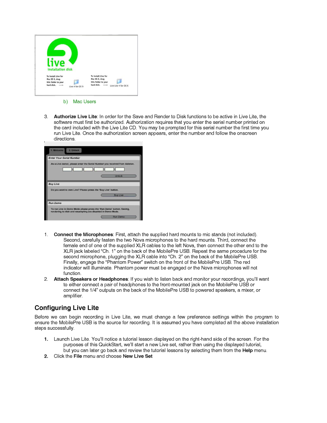 M-Audio Recording Equipment quick start Configuring Live Lite, Mac Users 