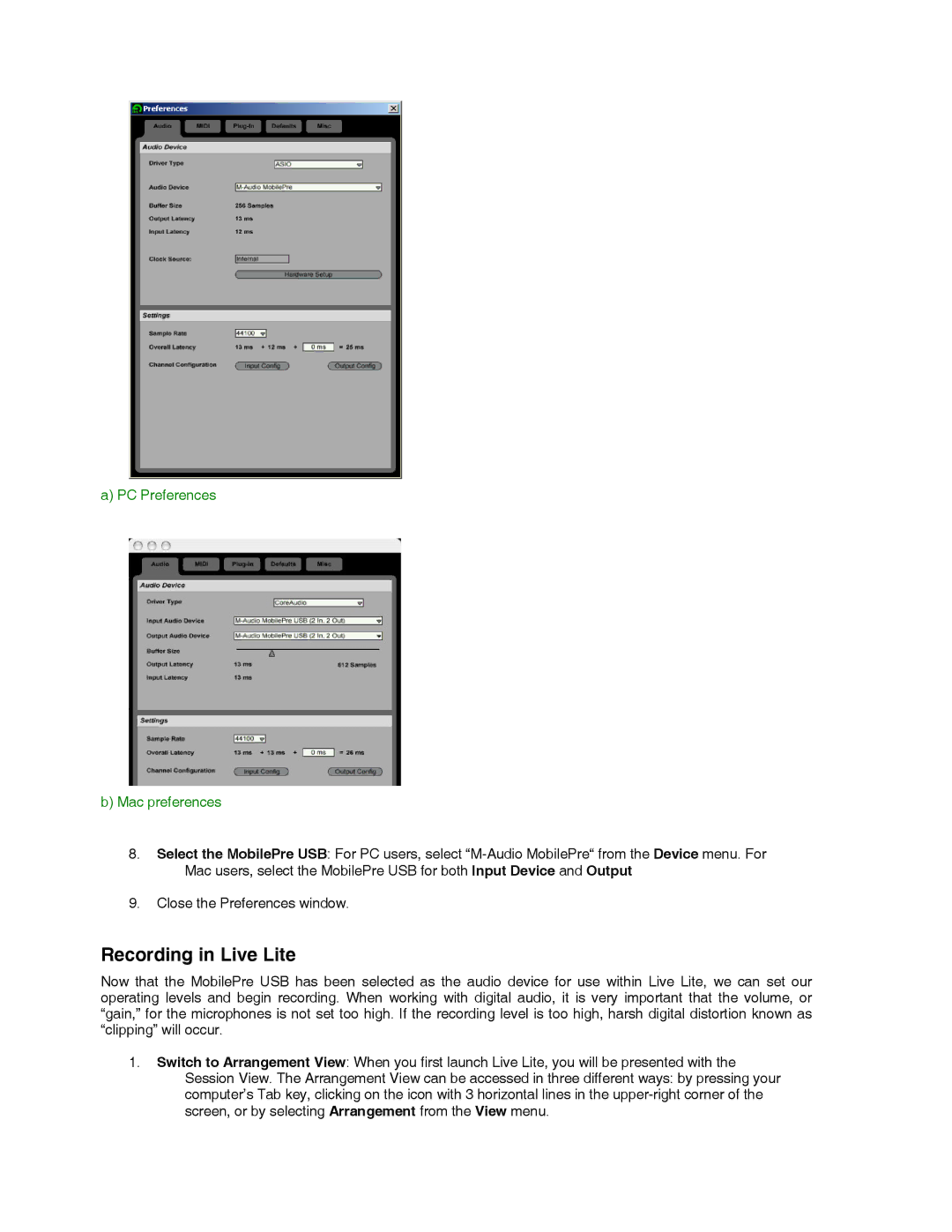 M-Audio Recording Equipment quick start Recording in Live Lite, PC Preferences Mac preferences 