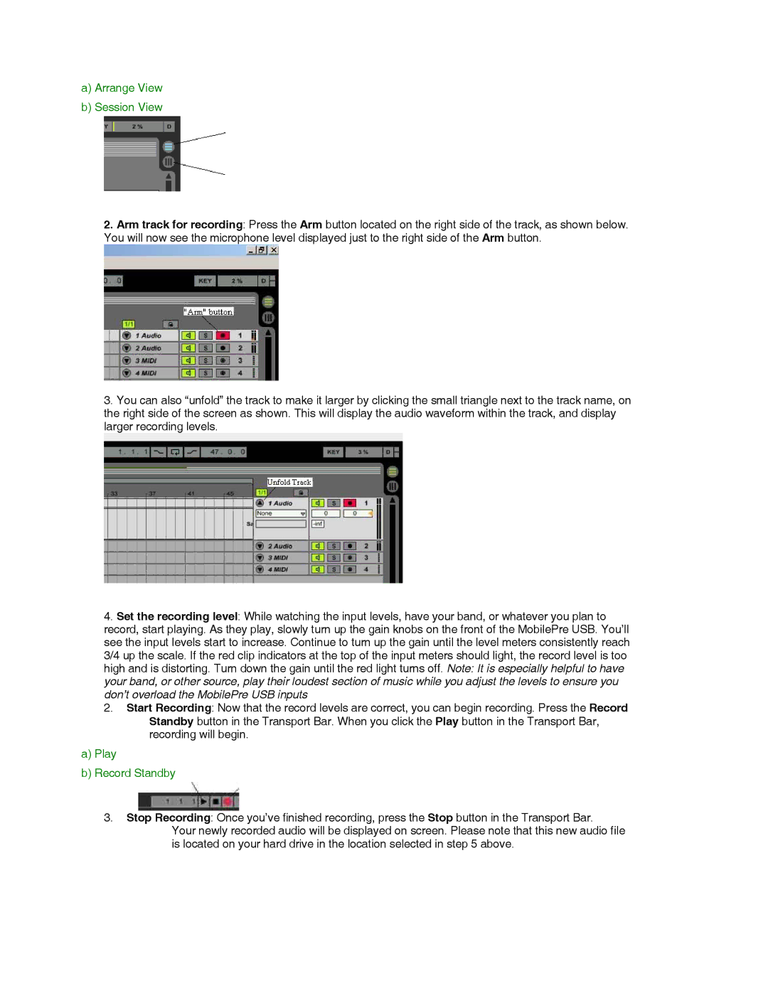 M-Audio Recording Equipment quick start Arrange View Session View, Play Record Standby 