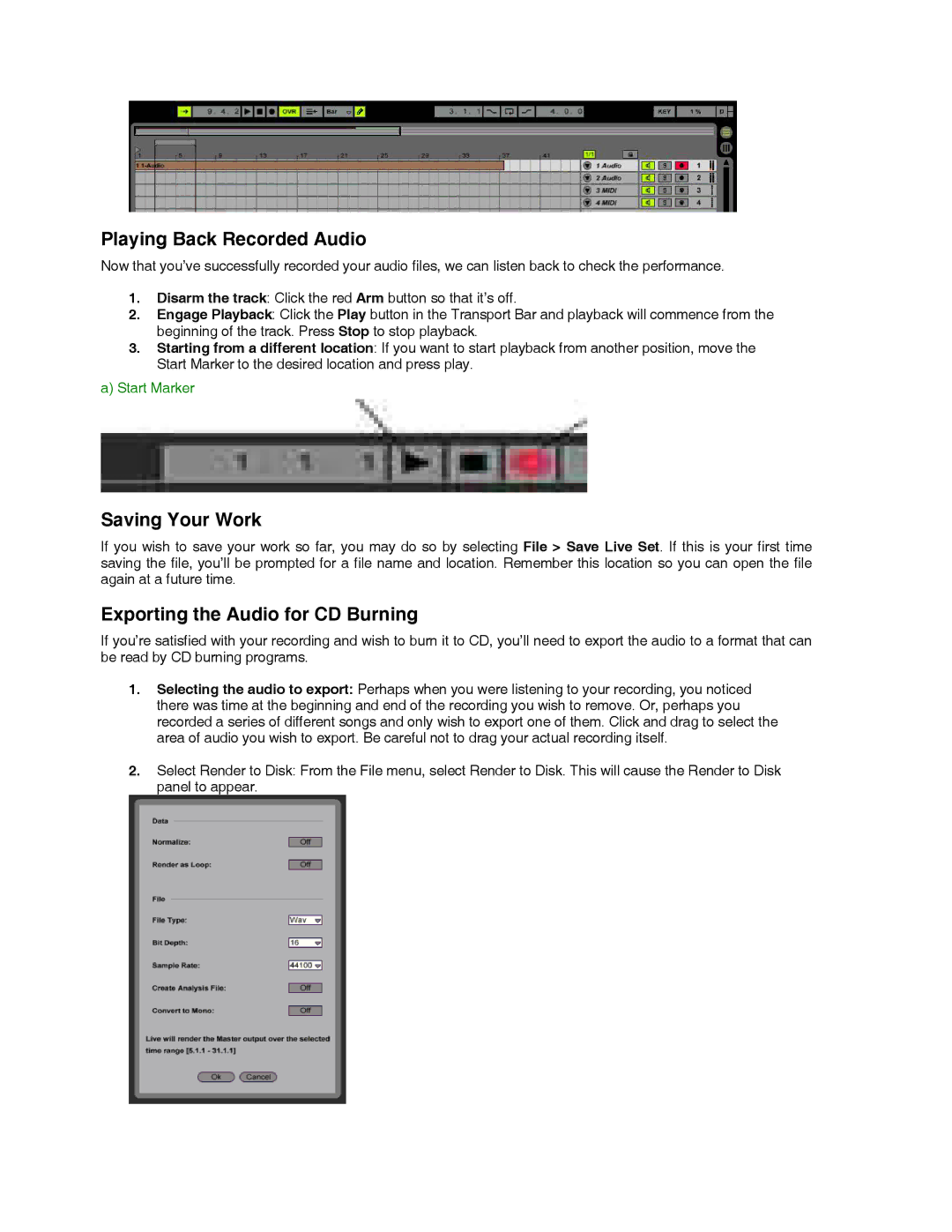 M-Audio Recording Equipment quick start Playing Back Recorded Audio, Saving Your Work, Exporting the Audio for CD Burning 