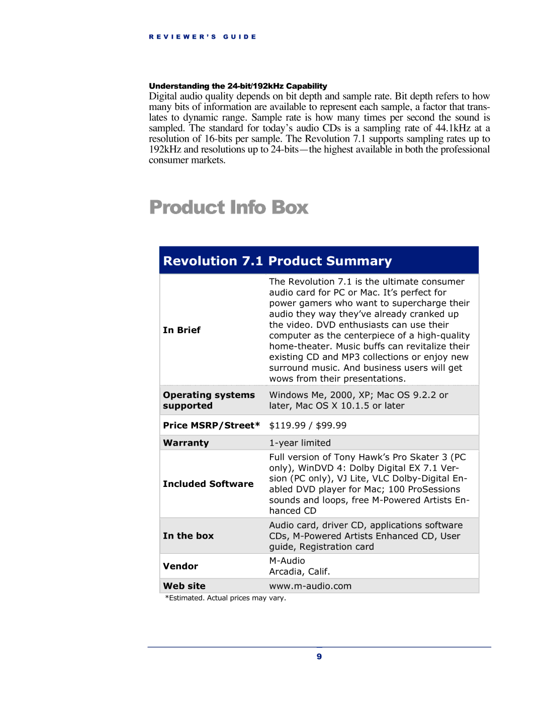 M-Audio manual Product Info Box, Revolution 7.1 Product Summary 