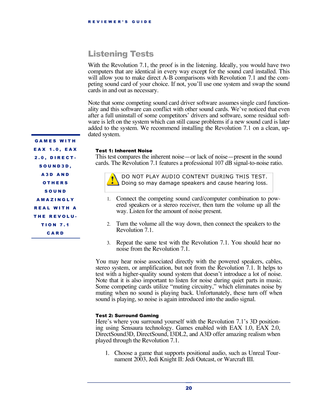 M-Audio Revolution 7.1 manual Listening Tests 