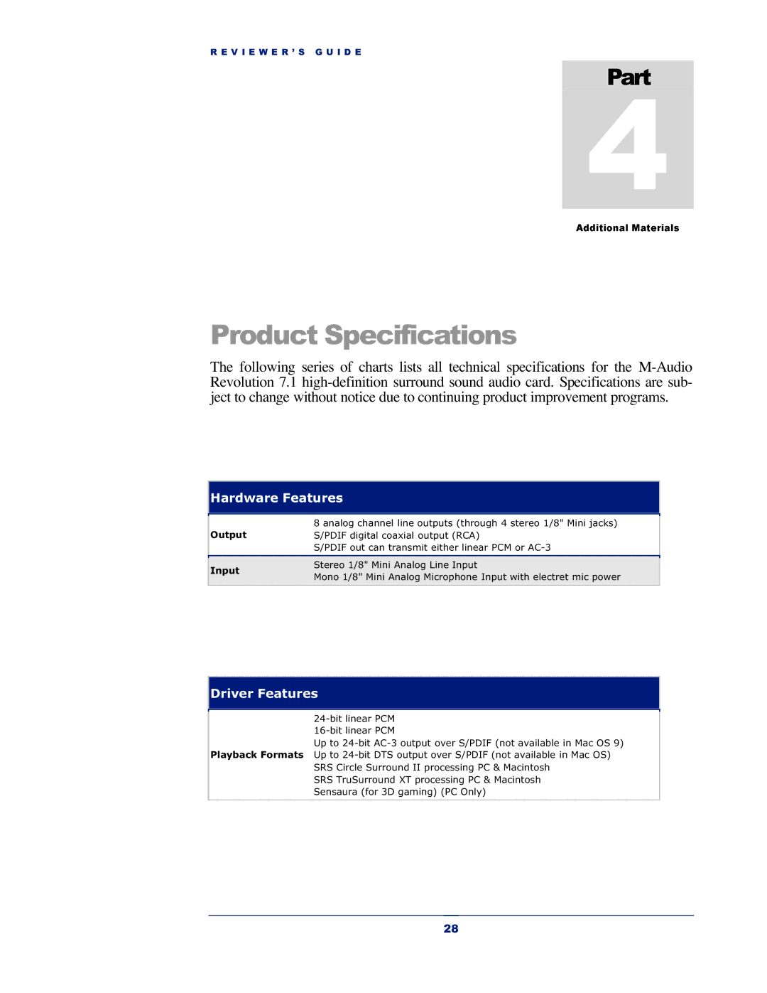 M-Audio Revolution 7.1 manual Product Specifications, Hardware Features 