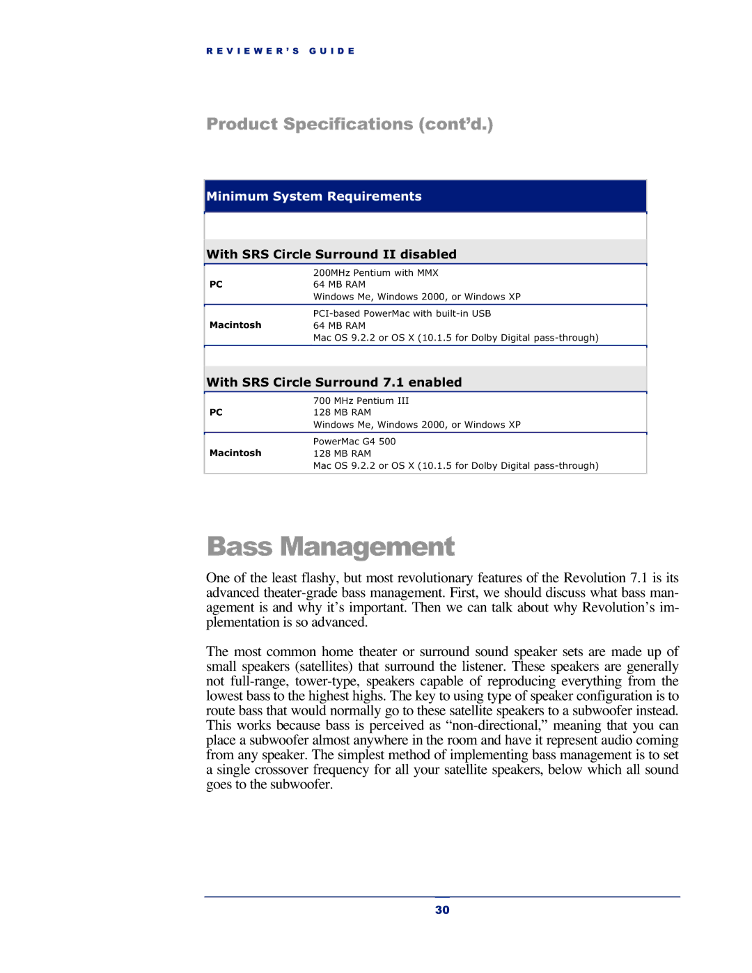 M-Audio Revolution 7.1 manual Bass Management, Minimum System Requirements 