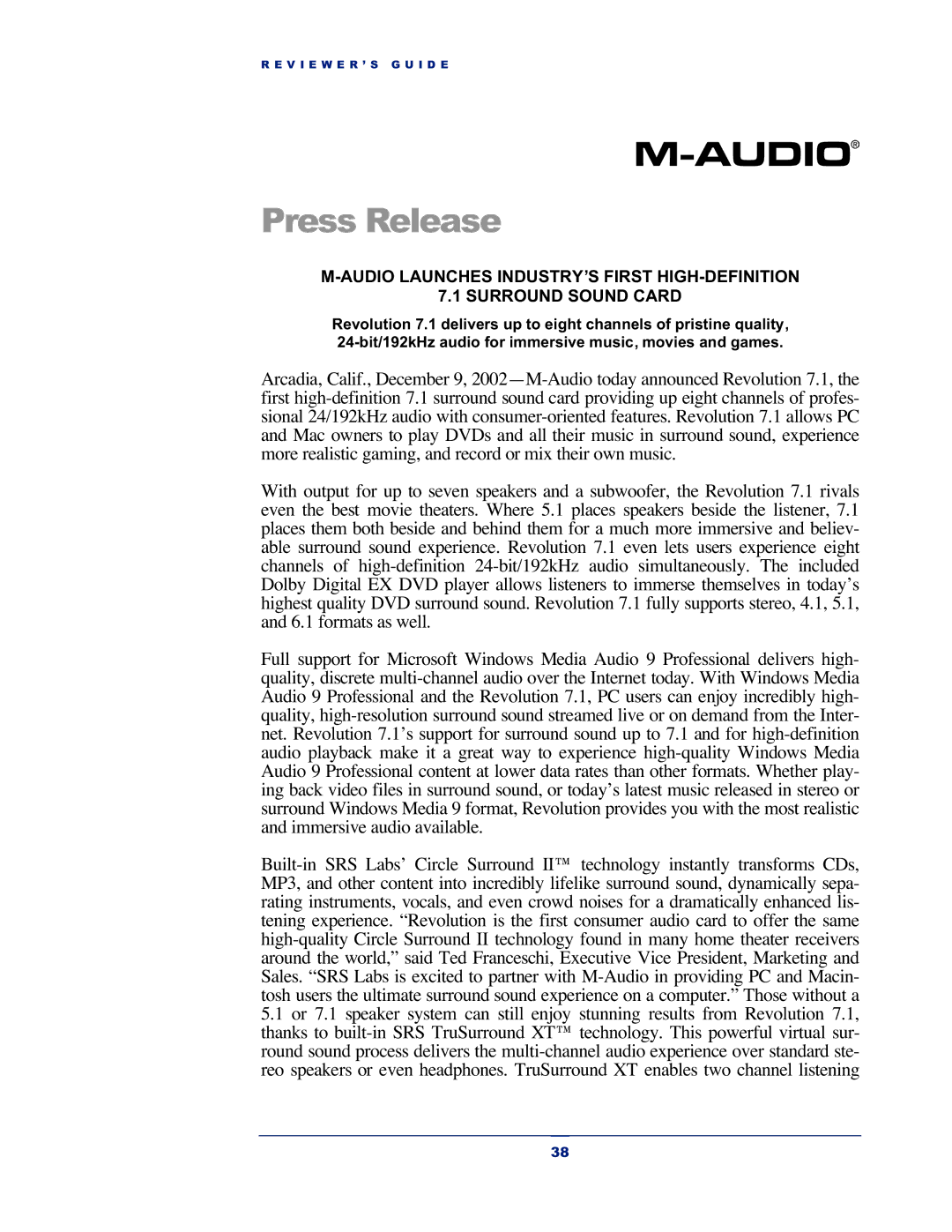 M-Audio Revolution 7.1 manual Press Release 