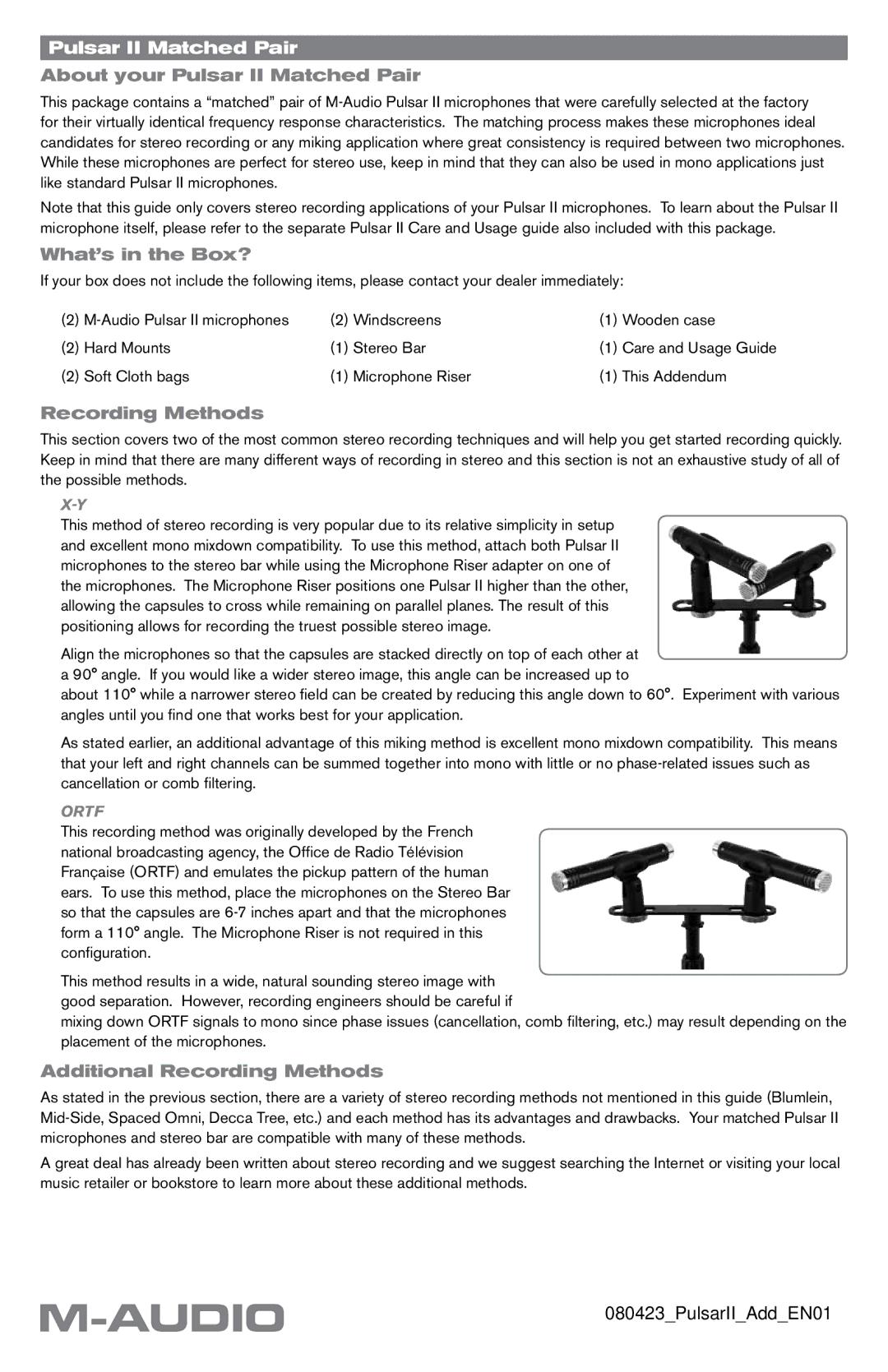 M-Audio BC30 RY30562/RY30963, RY30542 manual About your Pulsar II Matched Pair, What’s in the Box?, Recording Methods 