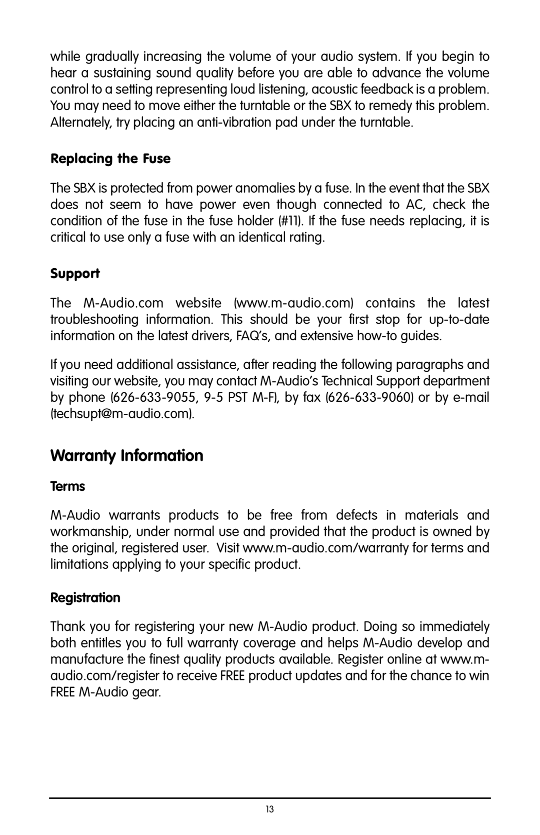 M-Audio SBX user manual Warranty Information 