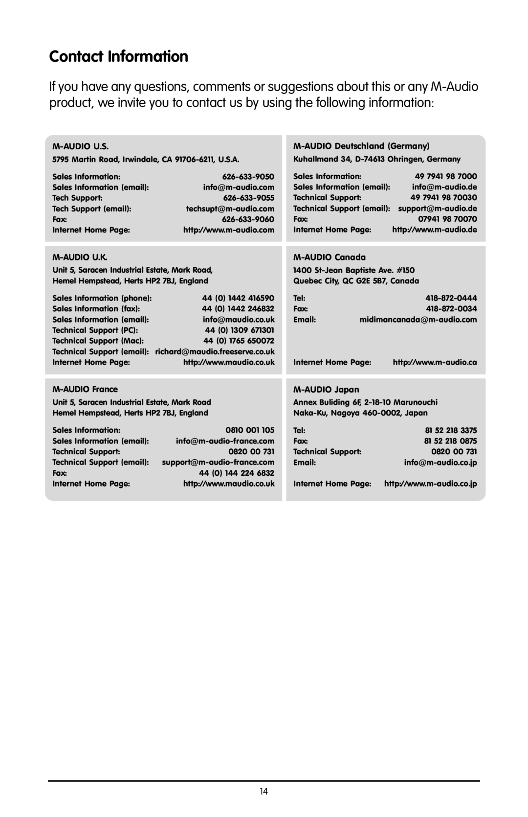 M-Audio SBX user manual Contact Information, Audio U.S 