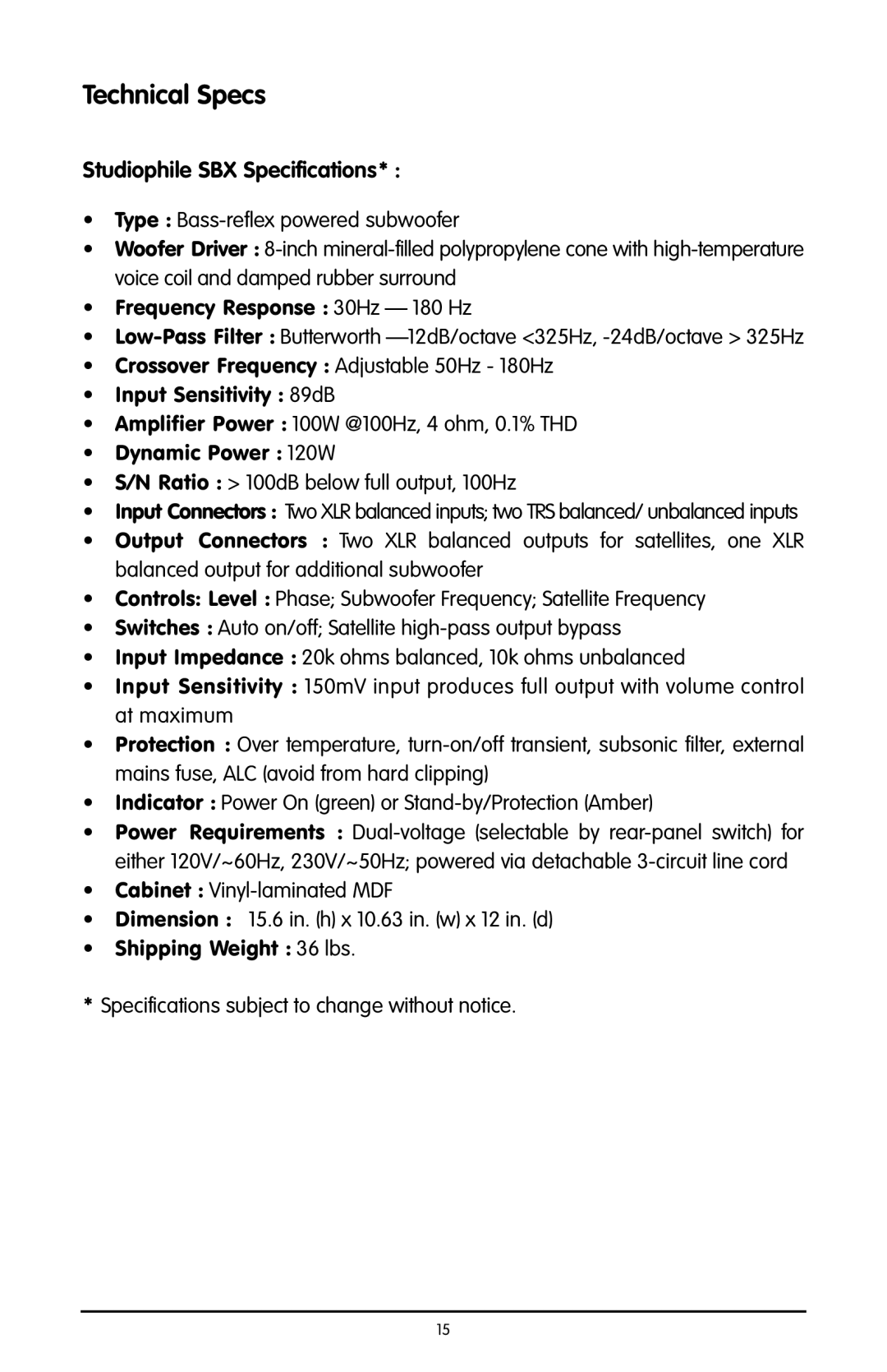 M-Audio SBX user manual Technical Specs 