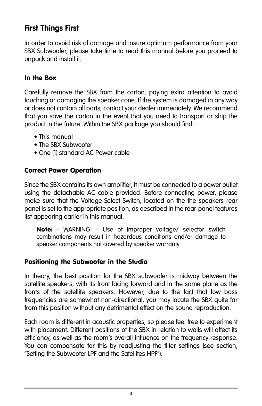 M-Audio user manual Make sure that the Voltage-Select Switch, located, With placement. Different positions of the SBX 