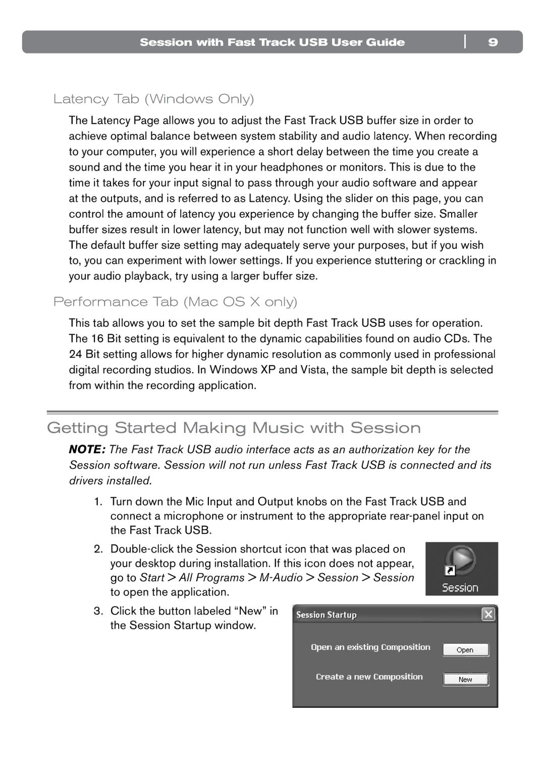 M-Audio SESSION manual Getting Started Making Music with Session, Latency Tab Windows Only, Performance Tab Mac OS X only 