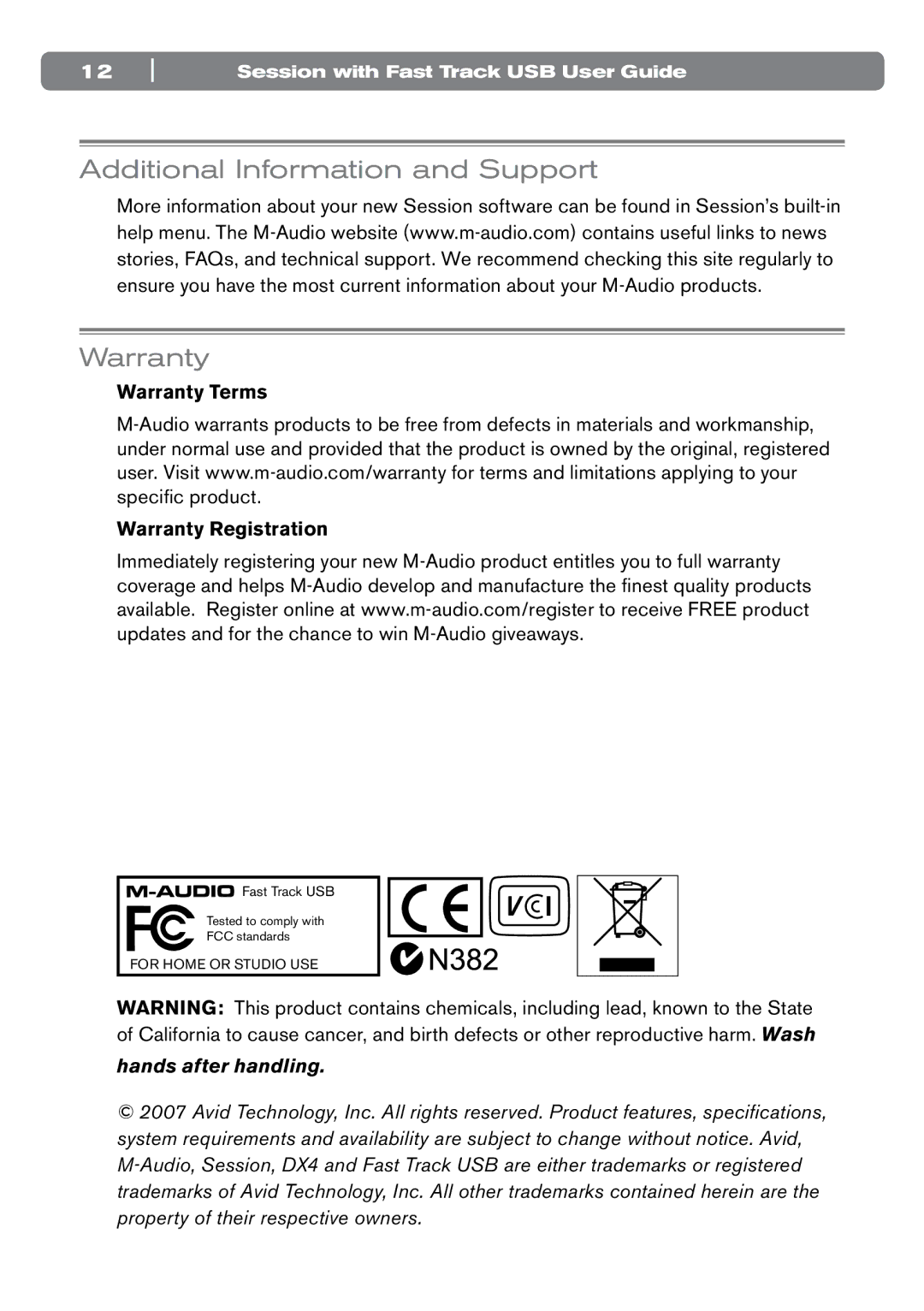 M-Audio SESSION manual Additional Information and Support Warranty, Hands after handling 