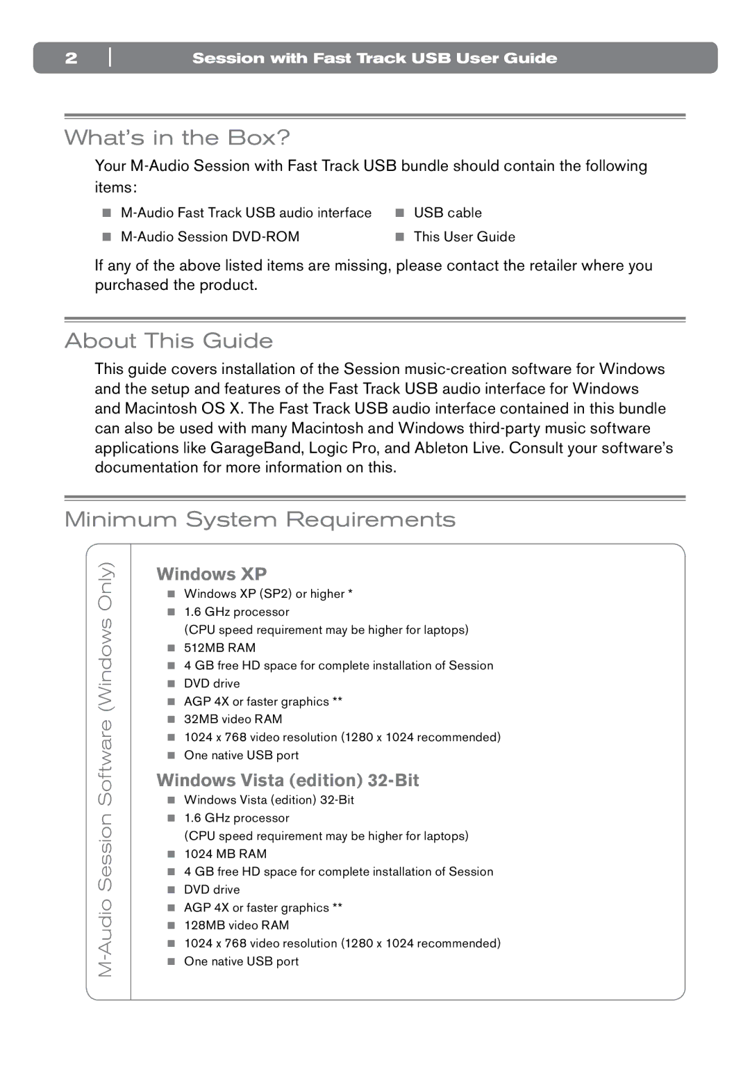 M-Audio SESSION What’s in the Box?, About This Guide, Minimum System Requirements, Audio Session Software Windows Only 