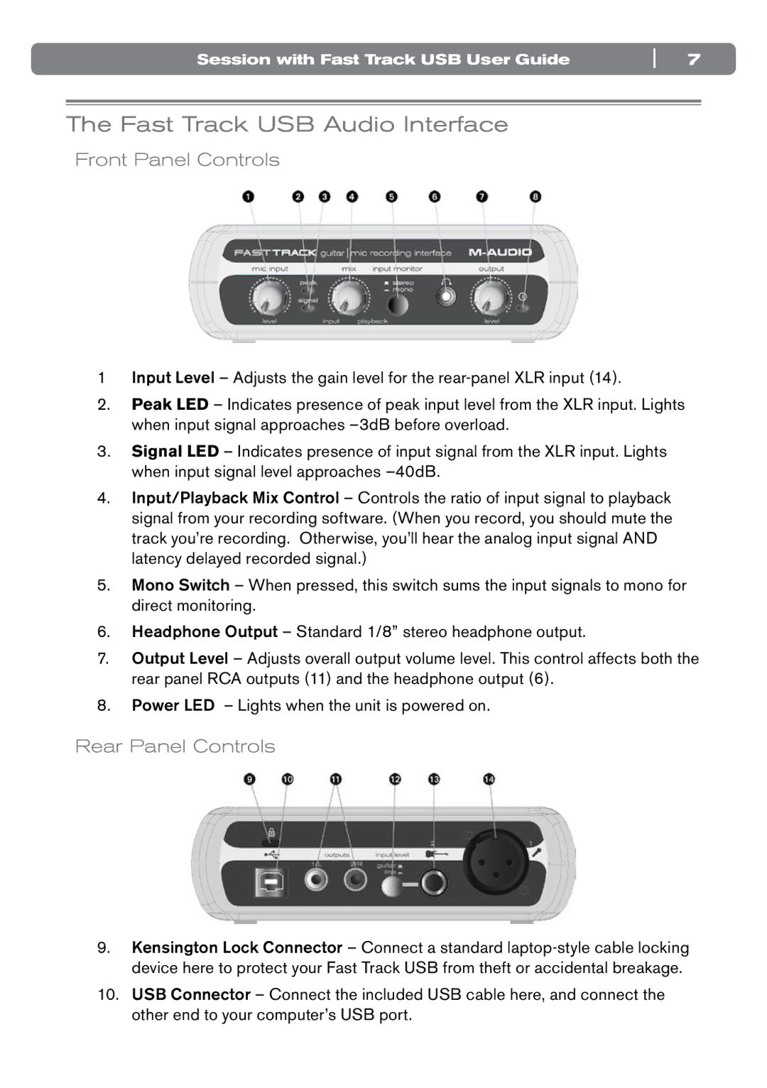 M-Audio SESSION manual Fast Track USB Audio Interface, Front Panel Controls, Rear Panel Controls 