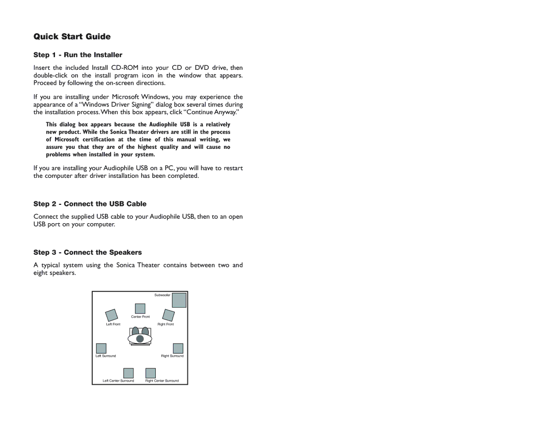 M-Audio Sonica Theater quick start Quick Start Guide, Run the Installer, Connect the USB Cable, Connect the Speakers 