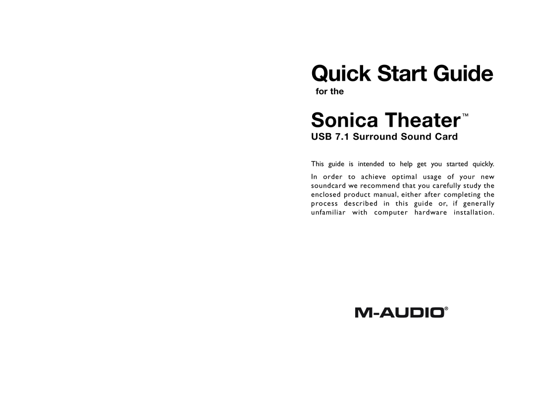 M-Audio Sonica Theater quick start Quick Start Guide, USB 7.1 Surround Sound Card, for the 