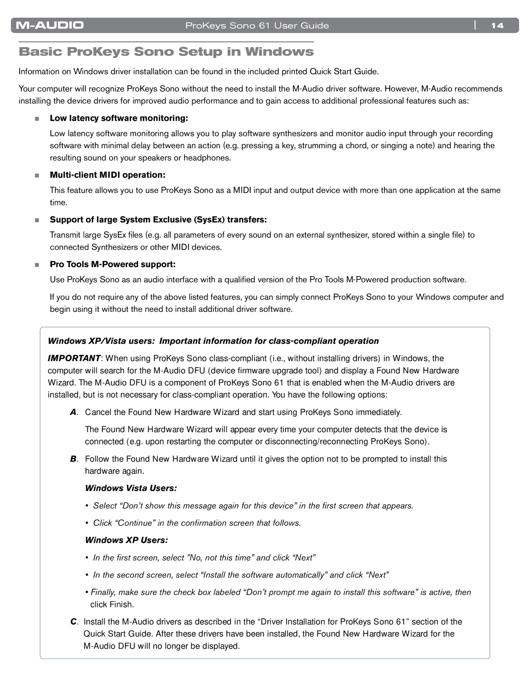 M-Audio SONO 61 manual Basic ProKeys Sono Setup in Windows, Low latency software monitoring 