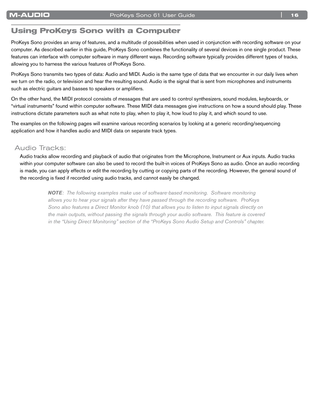 M-Audio SONO 61 manual Using ProKeys Sono with a Computer, Audio Tracks 