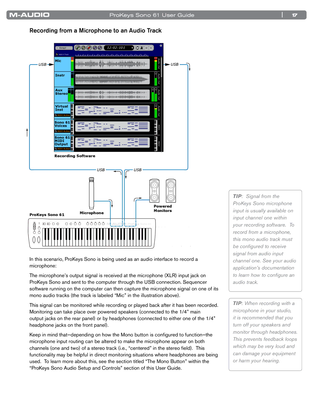 M-Audio SONO 61 manual Recording from a Microphone to an Audio Track, Usb 