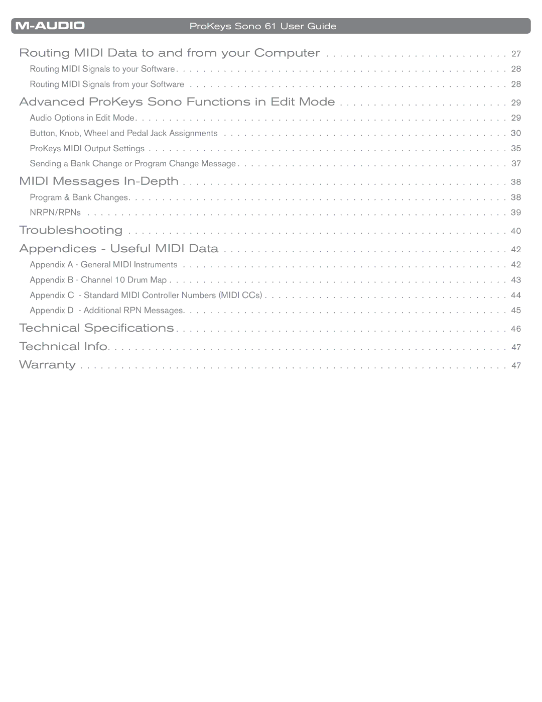 M-Audio SONO 61 manual ProKeys Sono 61 User Guide 