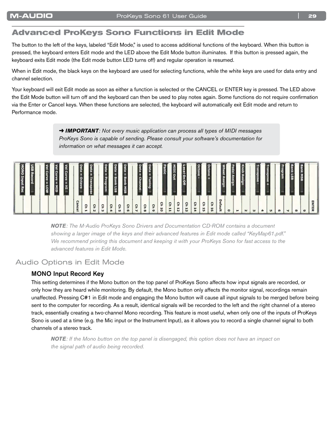 M-Audio SONO 61 manual Advanced ProKeys Sono Functions in Edit Mode, Audio Options in Edit Mode, Mono Input Record Key 