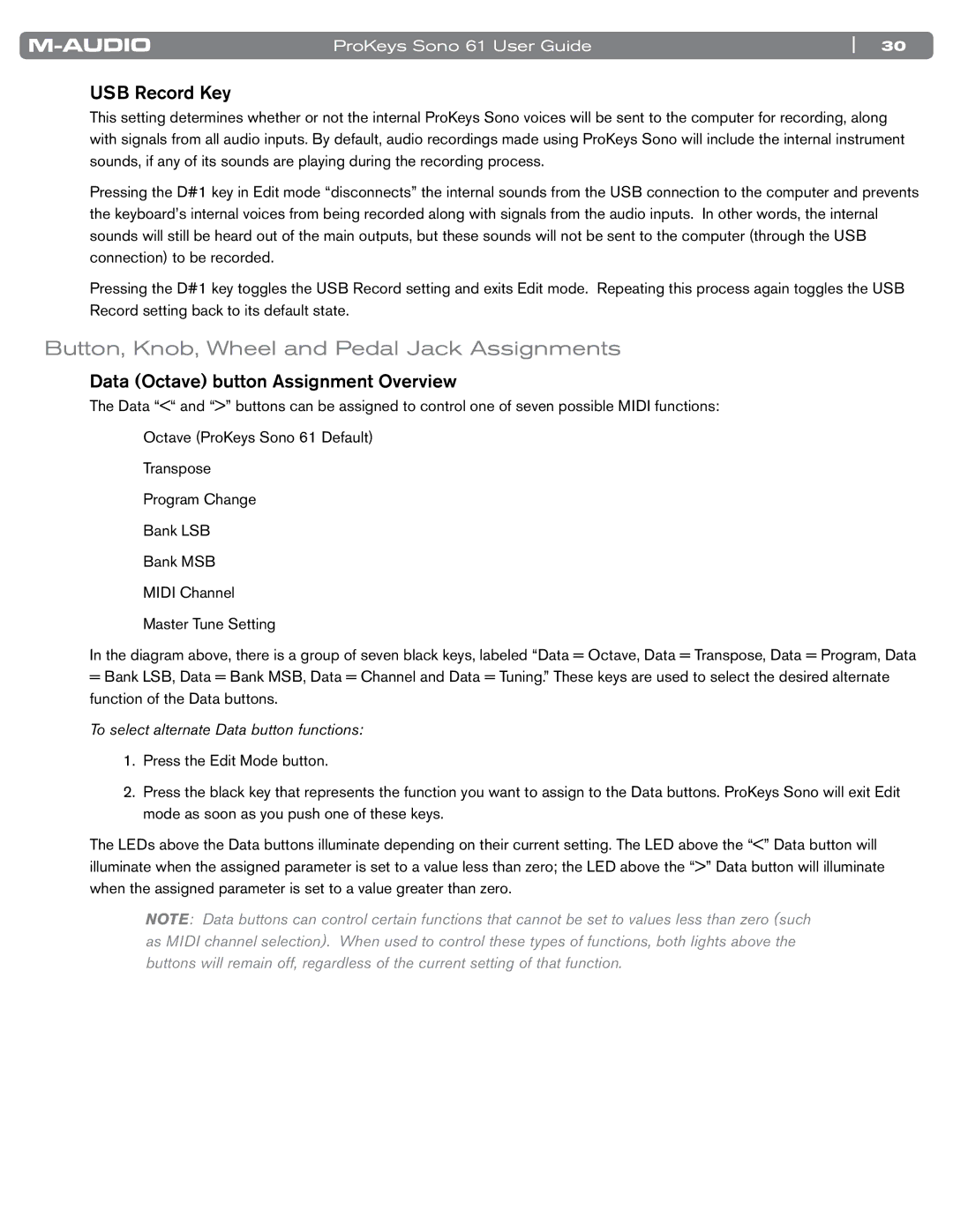 M-Audio SONO 61 Button, Knob, Wheel and Pedal Jack Assignments, USB Record Key, Data Octave button Assignment Overview 