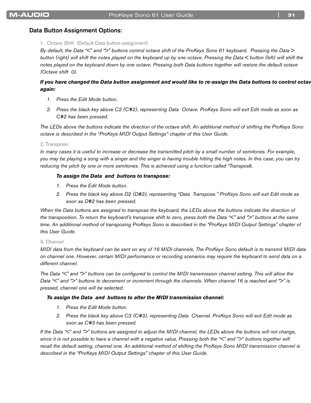M-Audio SONO 61 manual Data Button Assignment Options, To assign the Data and buttons to transpose 