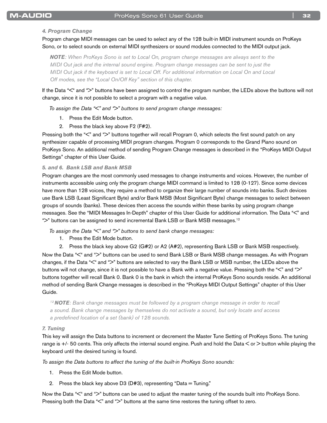 M-Audio SONO 61 manual Program Change, To assign the Data and buttons to send bank change messages 