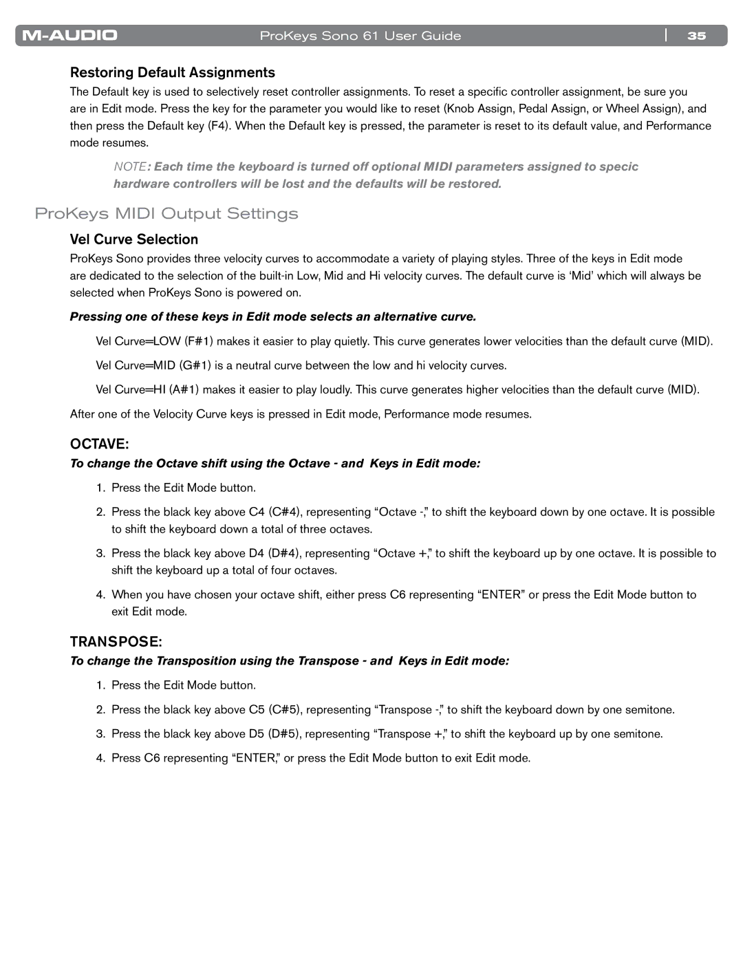 M-Audio SONO 61 manual ProKeys Midi Output Settings, Restoring Default Assignments, Vel Curve Selection 
