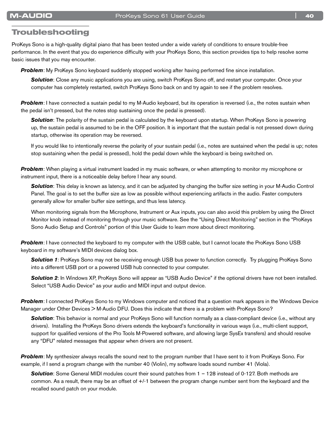 M-Audio SONO 61 manual Troubleshooting 