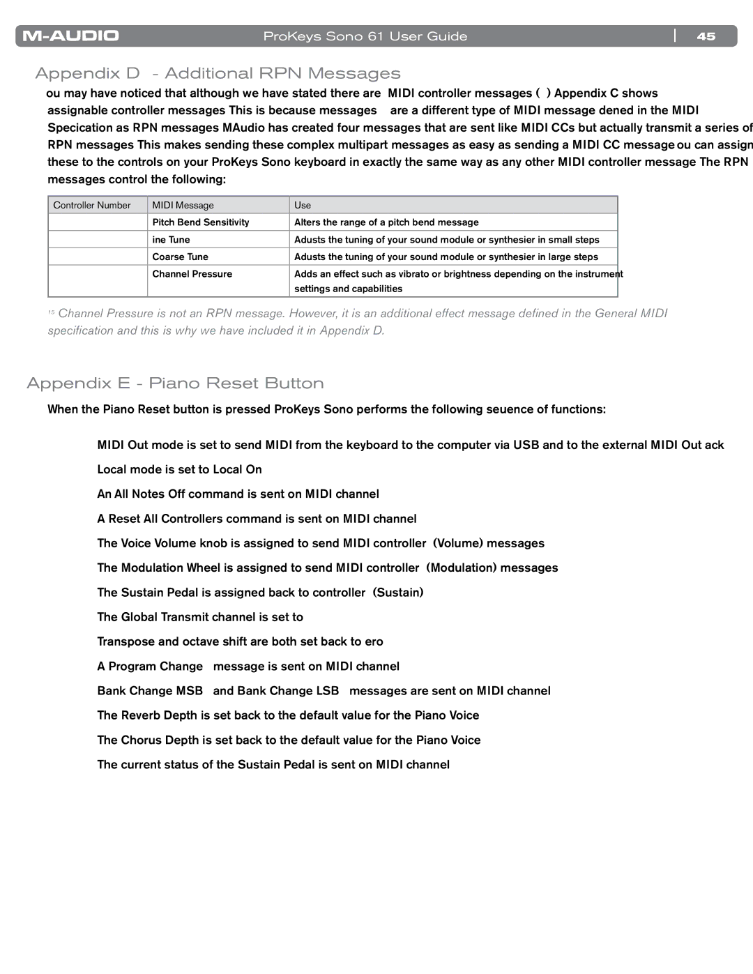 M-Audio SONO 61 manual Appendix D Additional RPN Messages, Appendix E Piano Reset Button 