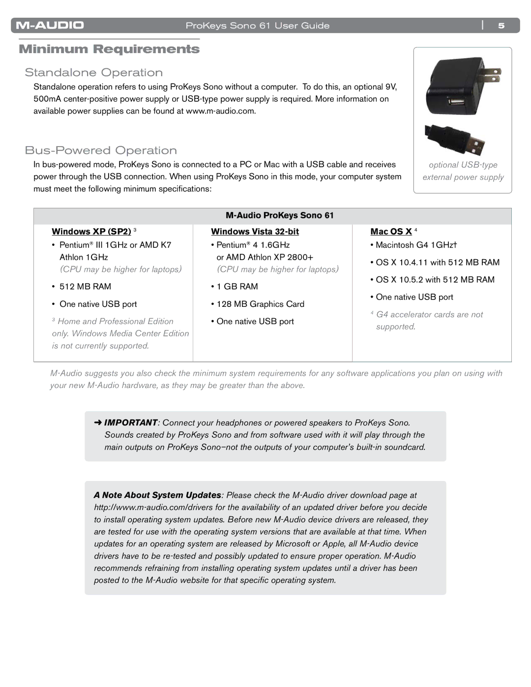 M-Audio SONO 61 manual Minimum Requirements, Standalone Operation Bus-Powered Operation 