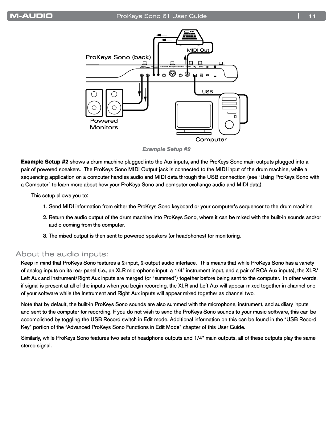 M-Audio SONO 61 manual About the audio inputs, Example Setup #2, ProKeys Sono 61 User Guide 